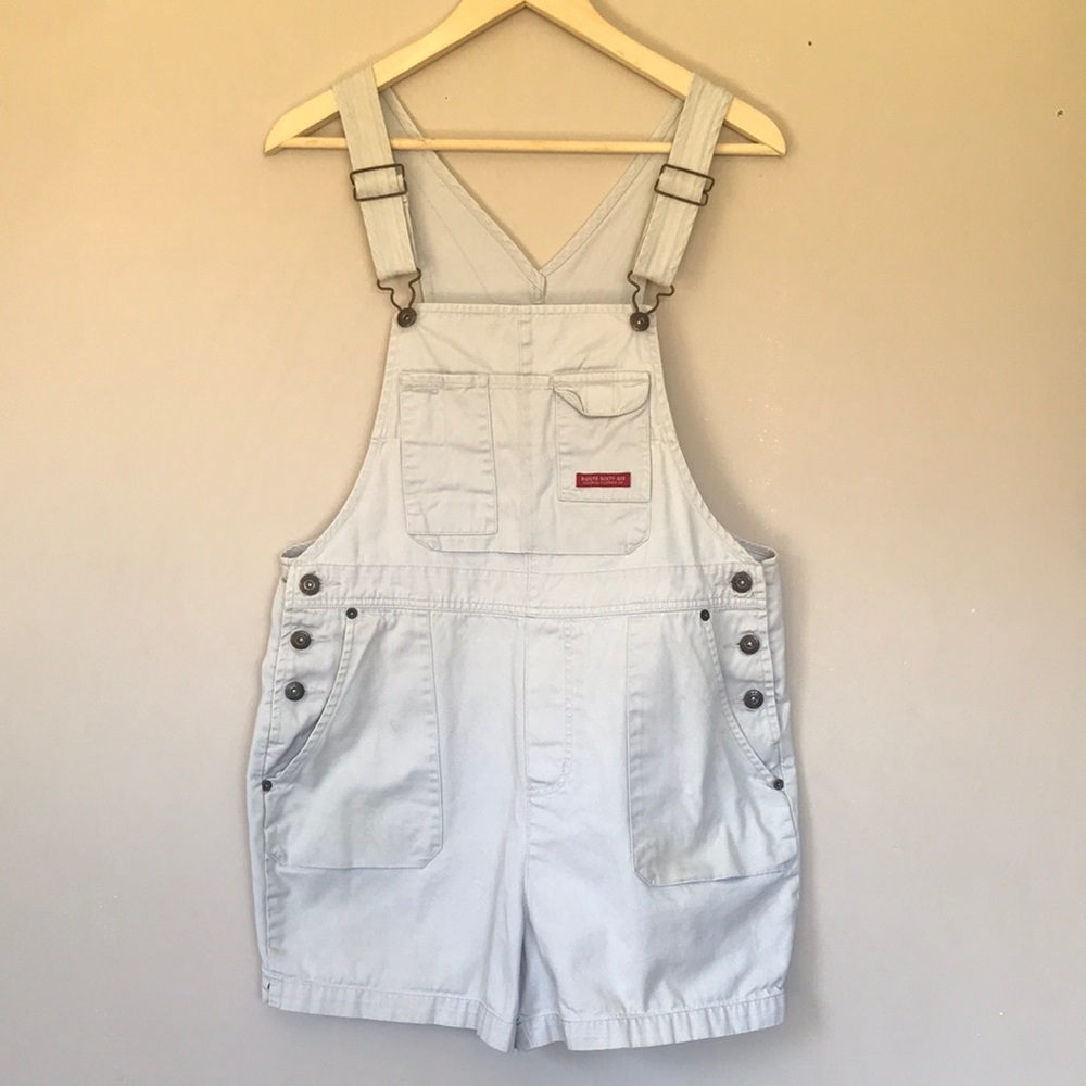 90s Vintage Route 66 Light Khaki Short Overalls